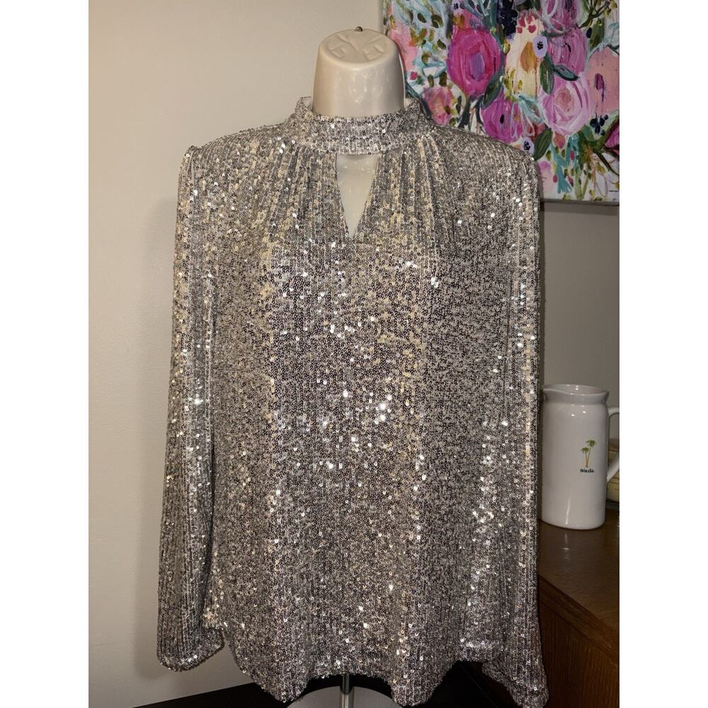 Cable & Gauge Womens Large Sequin Blouse Gold Silver Sparkle Party Holiday Top - Picture 2 of 9